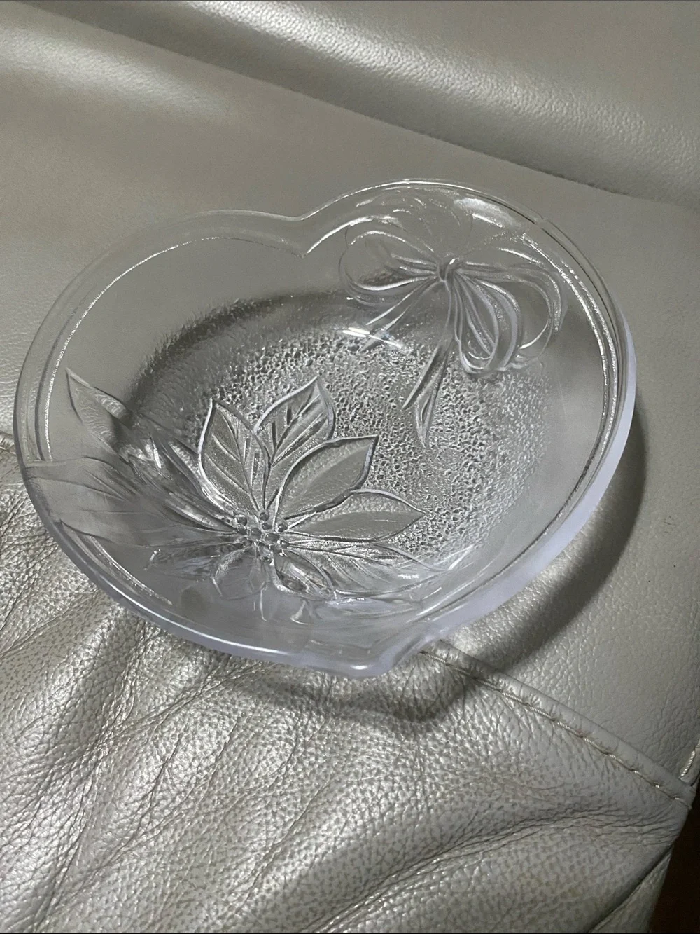 Vintage Mikasa Heart-Shaped Clear Decorative Dish with pointsetta and ribbon